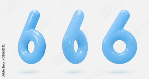 Set blue glass icon, 3d render number 6, six sign. Realistic design element. Vector illustration isolated on white for postcard, icons, poster, banner, web, design, arts