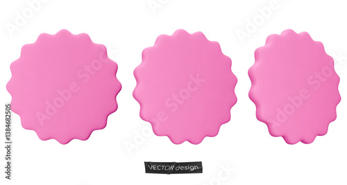 Set stickers, badges mockup. Blank labels of circle shapes with wavy edge. Vector illustration isolated on white. Copy space. Stickers or patches for preview tags, labels, design, presentation, adv