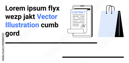 Signed digital contract displayed on smartphone screen alongside shopping bags. Ideal for e-commerce, online contracts, digital transactions, agreements, retail, technology, simple landing page