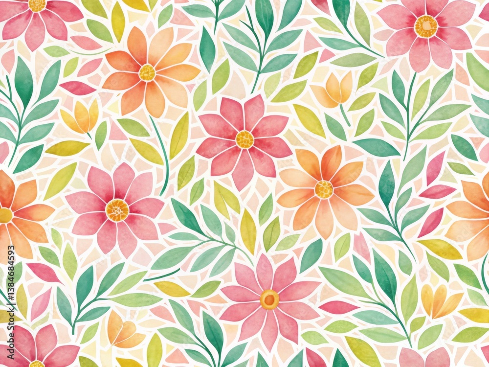A vibrant and cheerful seamless pattern featuring flowers and leaves in soft, pastel colors, like peach, pink, orange, and yellow. A vibrant and cheerful seamless pattern featuring flowers and leaves in soft, pastel colors, like peach, pink, orange, and yellow.