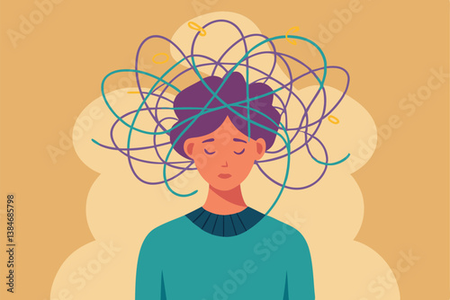 Abstract Flat Design of a Woman with Tangled Thoughts and Closed Eyes on Beige Back
