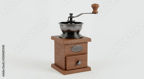 Vintage wooden manual coffee grinder with metal components on white background