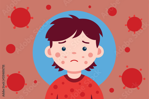 Cartoon Boy With Rash, Red Spots, Sad Face, Unwell, Against Blue and Peach Backdrop