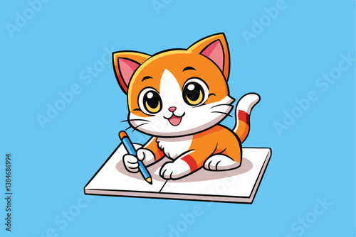 Cartoon Cute Orange Kitten Drawing Writing on Pad with Blue Background