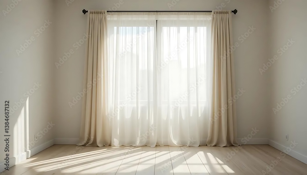 Obraz premium Sunlit window with transparent curtains in an empty room with wooden floor