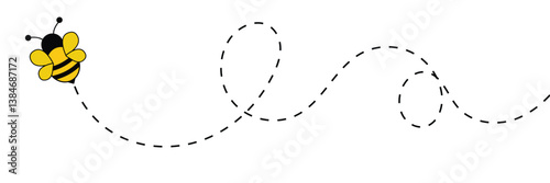 Bee flying icon set. Bee flying on a dotted path isolated on the white background. Bee flying in different style vector illustration.