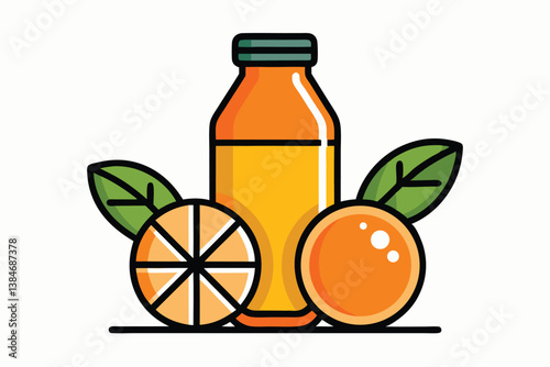 Cartoon Orange Juice Bottle with Sliced Orange Fruits and Green Leaves on White
