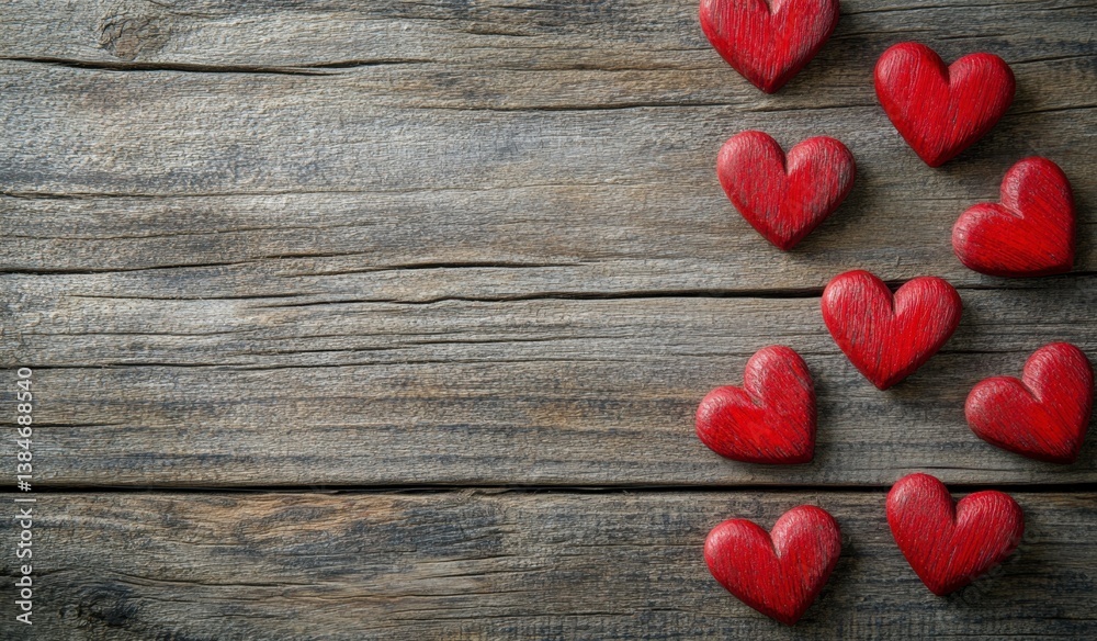 Wooden Background with Red Hearts Arranged in Creative Pattern Wooden Background with Red Hearts Arranged in Creative Pattern