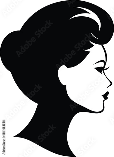 Chic Woman Silhouette with Elegant Hairdo and Transparent Background, Minimalist Style