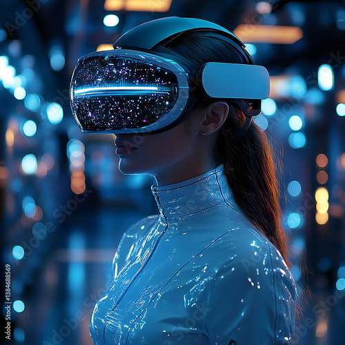 A cutting-edge augmented reality headset being worn by a person in a futuristic environment