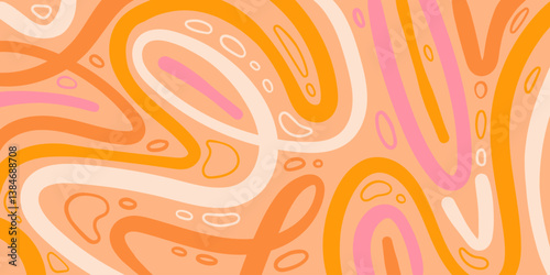 Abstract Background with Wavy Lines and Creative Loops. Decorative groovy fluid lines isolated on yellow background. Hand drawn geometric bulky lines. Hippie banner
