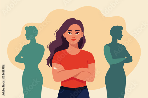 Confident Woman with Arms Crossed Standing by Silhouettes on Beige Background