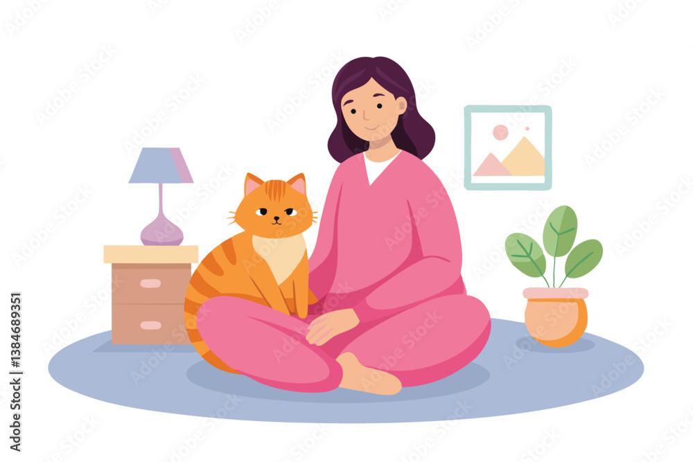 Cute Orange Striped Cat Sitting with Happy Woman Cartoon in Pink Pajamas Art Cute Orange Striped Cat Sitting with Happy Woman Cartoon in Pink Pajamas Art