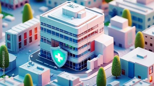 Stylized Isometric Hospital Building with Protective Shield in a Quaint Urban Setting