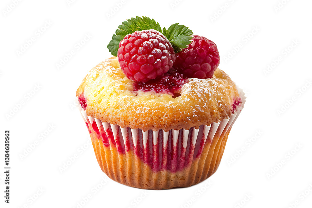 A single raspberry muffin with mint leaves and powdered sugar on a black background isolated shot A single raspberry muffin with mint leaves and powdered sugar on a black background isolated shot