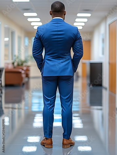 A highly focused individual stands in a spotless corner office, gazing ahead with a sense of direction and composure. The intense contrast emphasizes the neat silhouette, void of shadows, while 