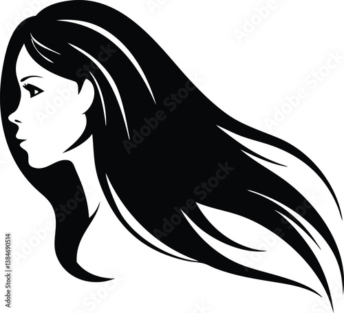 Elegant Woman Profile with Flowing Hair Silhouette on Transparent Background