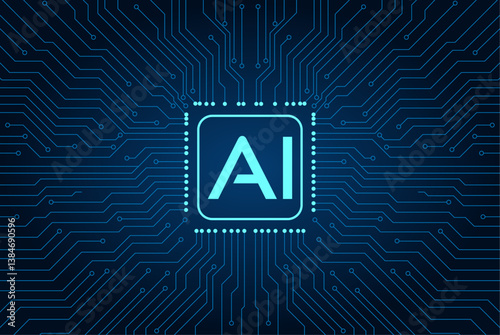 AI chip background with circuit light elements in blue on technology dark background. Circuit board, AI semiconductor and computer processor. Abstract polygonal microchip. 