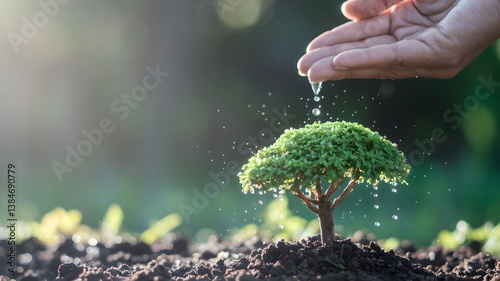 Hand watering a young sapling, symbolizing growth and hope. 