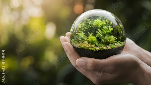 Hands holding a terrarium globe showcasing a miniature ecosystem. 
