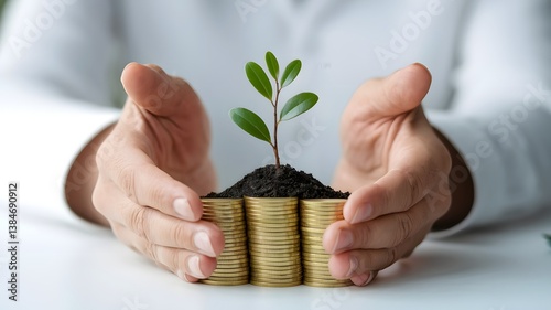 Hands Protecting a Seedling Growing from Money