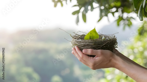 Gentle Hands Holding a Bird's Nest with a New Leaf