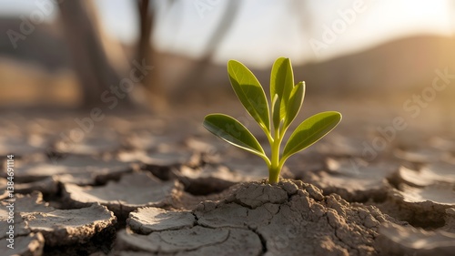 Hopeful sprout emerging from cracked earth 