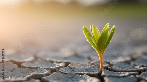 Hopeful sprout emerging from cracked earth 