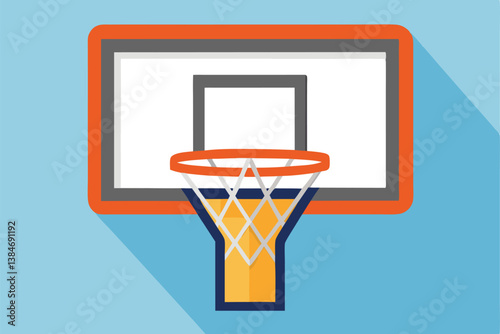 Flat Design Basketball Hoop with Orange Rim and Net on Blue Background