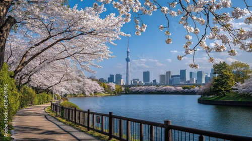 Cherry blossoms over Tokyo park canal. Beautiful spring scenery