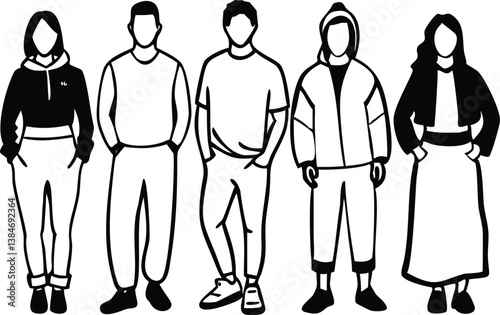Line Art of Diverse Figures in Casual Clothing with Transparent Background