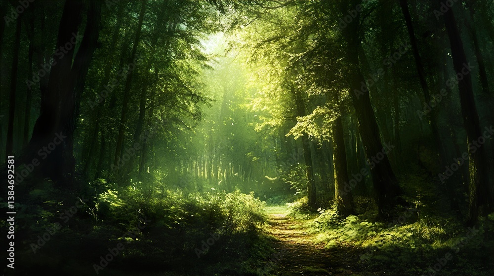 Naklejka premium Sunlit Forest Path: A Tranquil Nature Scene