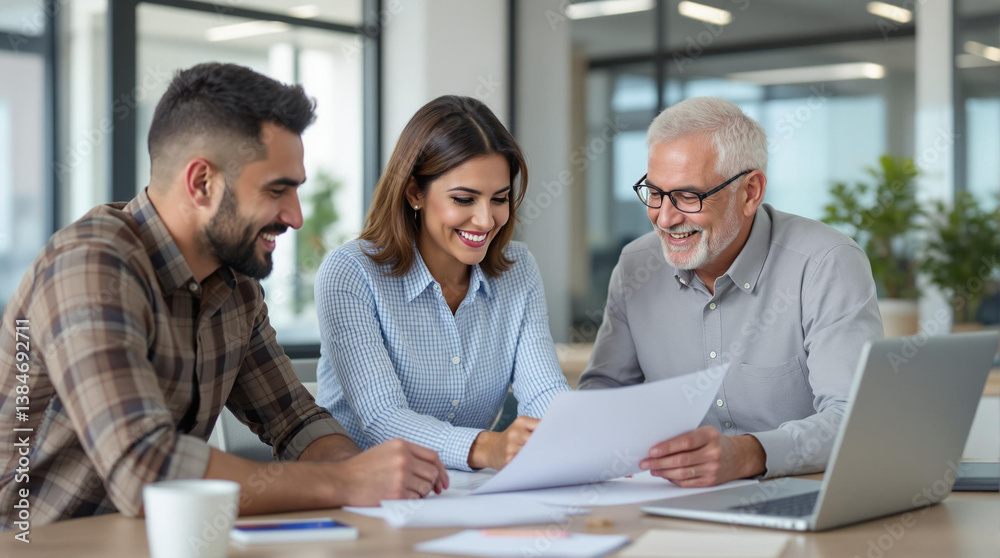 Equipo profesional hispano de diferentes edades colaborando en una oficina moderna Equipo profesional hispano de diferentes edades colaborando en una oficina moderna