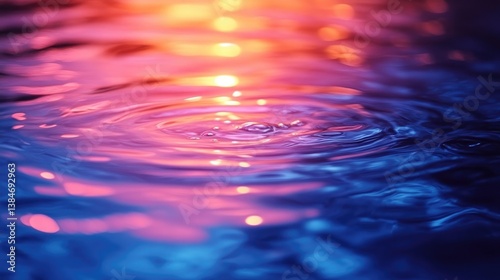 Vibrant ripples in a tranquil water surface reflecting colorful lights at dusk