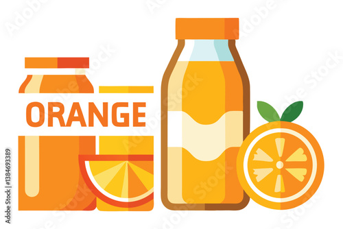 Orange fruit with juice bottles and slice on a white background