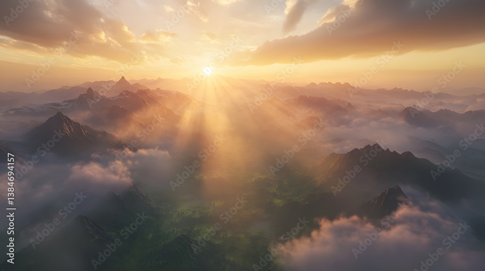 Fototapeta premium Serene Sunrise Over Misty Mountains in Dreamy Landscape