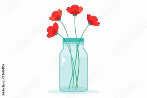 Red Poppy Flowers Arrangement In a Glass Jar On A White Background