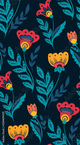 Vector folk art seamless pattern with flowers in traditional style on dark background. Decorative rural texture with wildflowers for fabrics and wallpapers