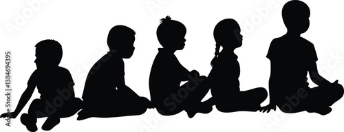 Row of Children Silhouettes Sitting Isolated on Transparent Background