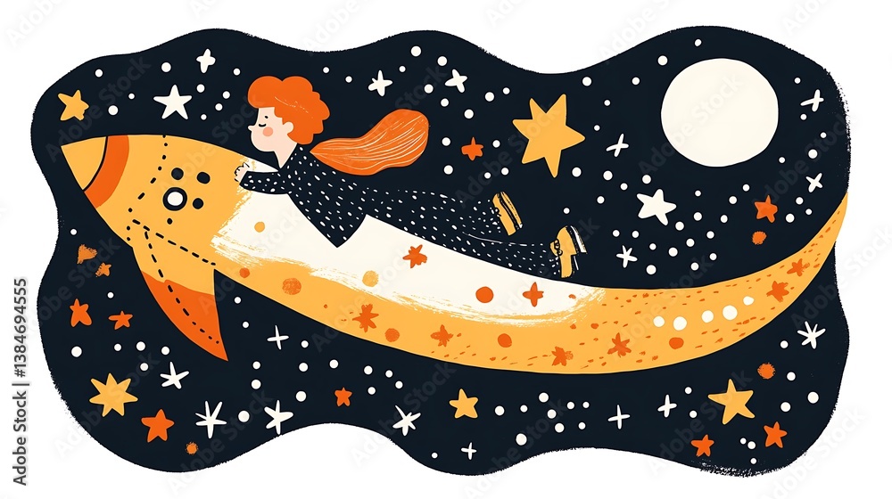 Child flying rocket with stars, and moon. Child flying rocket with stars, and moon.