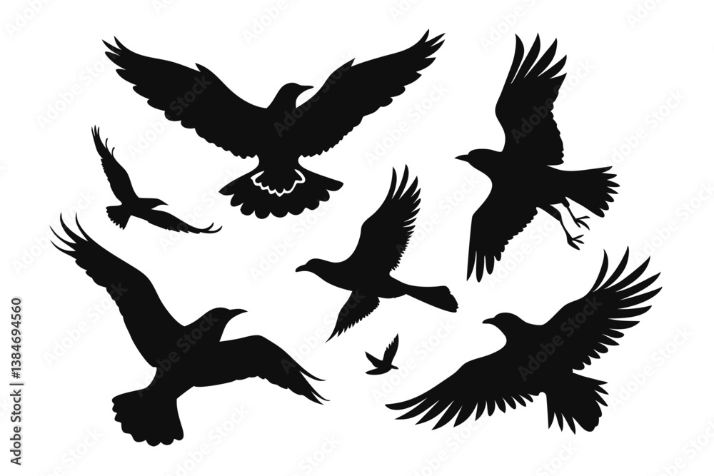 Obraz premium Set of Flying Birds Silhouettes on White Background, Raven Crow Flying Icon, Design