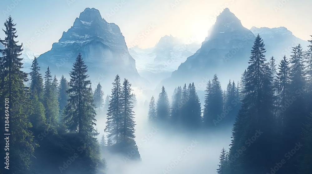 Obraz premium Misty Mountain Forest Sunrise.