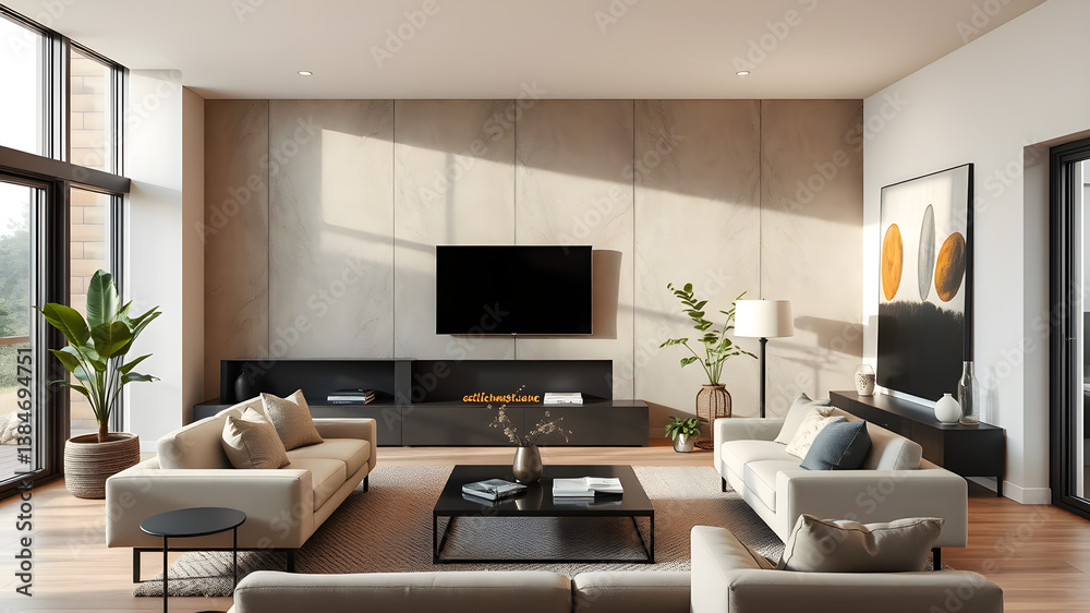 Fototapeta premium Modern earth tones inside a modern living room with comfortable furniture.