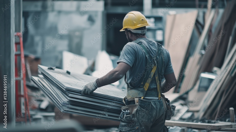 A construction worker moving construction materials at a job site. Featuring strength and focus A construction worker moving construction materials at a job site. Featuring strength and focus