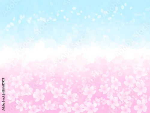 春の桜イメージ背景素材。満開の桜並木と青空のイメージ。
