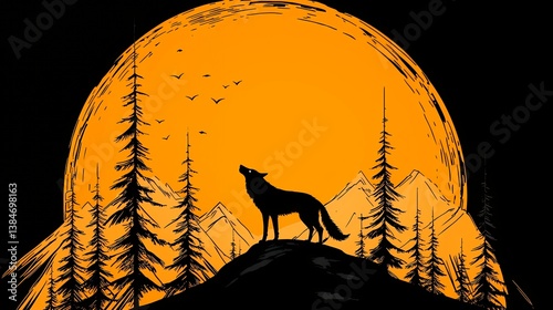 Wolf Howling at a Large Orange Moon in Silhouette