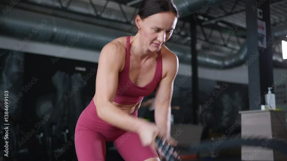 Focused determination, a woman in a gym, expertly wielding a battle rope. Crimson energy, a powerful workout in progress. Focused determination, a woman in a gym, expertly wielding a battle rope. Crimson energy, a powerful workout in progress.