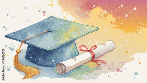 *Watercolor Graduation Cap Background – Vibrant Colors Blending with Cap & Diploma, Celebration of Achievement with Copy Space*  