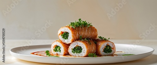 A flavorful fish roll topped with sauce and fresh herbs artfully presented on a plate for a mouthwatering culinary experience