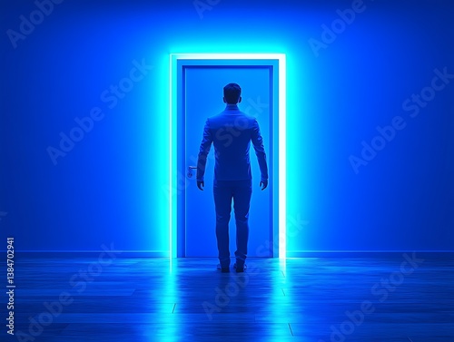 Standing calmly near a hallway intersection, a perceptive manager scans the distance, signifying constant vigilance for challenges and opportunities. The precisely balanced lighting ensures  photo